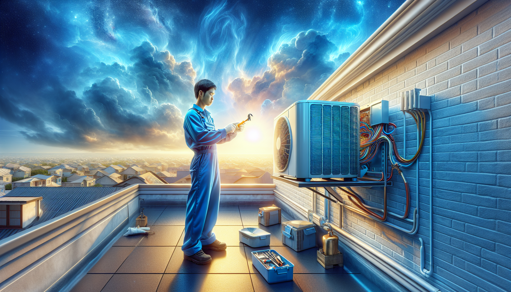 HVAC technician on rooftop — AI automation for HVAC contractors